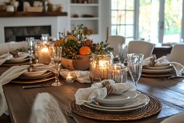 Charming autumn-themed table setting with seasonal decorations for a cozy gathering experience