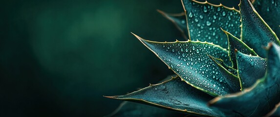 Close-up of a vibrant green agave plant with water droplets on its leaves.