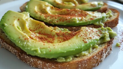 A plate of avocado toast with seasonings on a white plate.