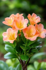 Fototapeta premium Peach blooming flowers with green leaves