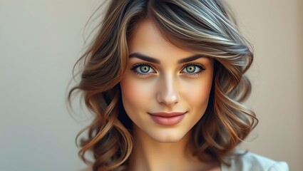 Naklejka premium A beautiful European girl with soft curly hair wearing a simple outfit