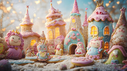 A Whimsical Display of Colorful Fairytale Character Cookies Adorned with Edible Glitter and Icing