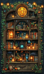 Obraz premium A magical library with shelves full of spellbooks and elixirs