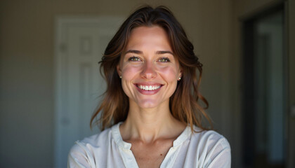 A joyful woman smiling warmly in a serene indoor space, radiating positivity and hope for mental well-being
