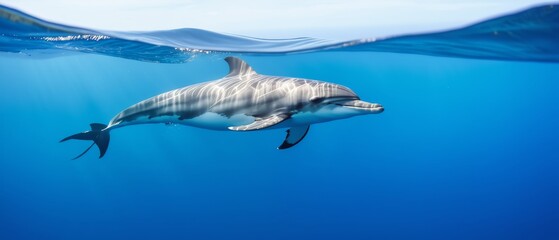Obraz premium Dolphin gliding gracefully underwater in blue ocean
