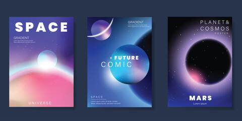 Planet and galaxy Space card vector set. Solar system with galaxy planets, asteroids, jupiter, saturn, mars, moon, ring line solar. Cosmic design for flyer, brochure, background, poster, cover. 
