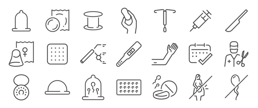 Birth control method icon set. It included contexts such as condoms, pills, injections, hormonal rings, sterilization, contraceptive patches, and more. Editable Vector Stroke.
