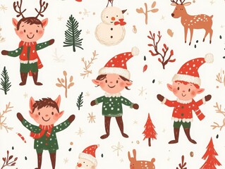 Fototapeta premium Adorable holiday characters featuring elves reindeer and snowmen for festive cheer and joyous celebrations