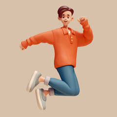 Full length handsome cute kawaii excited asian smiling brunette guy in casual fashion clothes red sweater, blue pants, grey sneakers in jumping victory pose floating in air. 3d render in pastel colors