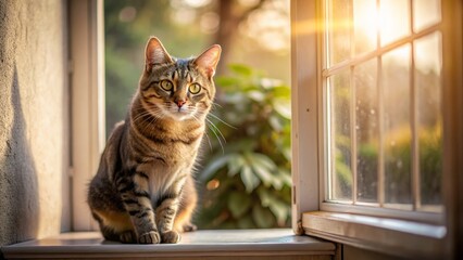 Curious Tabby Cat Gazing Out of an Open Window with Long Exposure Effect, Capturing a Dreamy Atmosphere and Soft Light, Perfect for Animal Lovers and Cat Enthusiasts