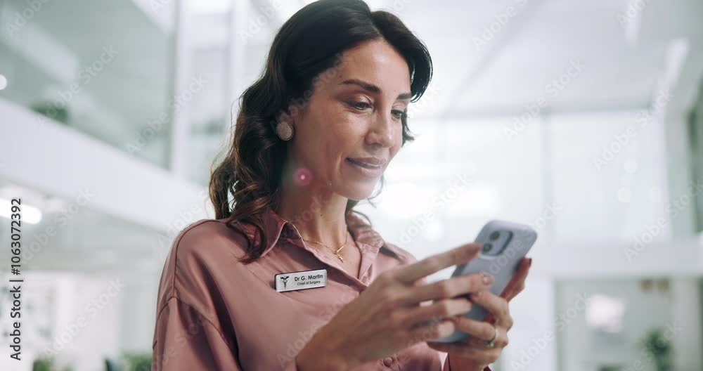 Poster hospital, typing and woman with smartphone, healthcare and scheduling of appointment, receptionist a
