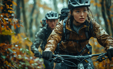 Cyclists navigating a rainy forest trail in autumn. Two cyclists navigate through a lush forest trail during a rainy autumn day, surrounded by vibrant fall foliage.