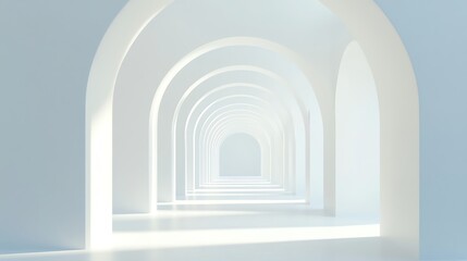 Fototapeta premium A long white hallway with a series of arches leading to a bright light at the end.