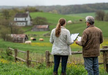 Couple plans farm in scenic countryside. Two individuals discuss agricultural plans while overlooking a beautiful green landscape and a farmhouse.