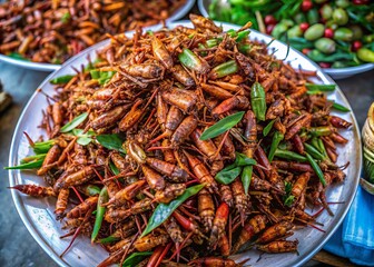 Deep Fried Grasshoppers: A Popular Thai Street Food Snack Piled on Food Paper, Seasoned with Soy Sauce and Ground Pepper, Captured in Stunning Drone Photography