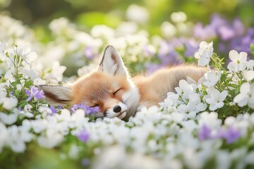 This enchanting image shows a fox asleep among white and purple flowers, reflecting the harmony and peaceful cohabitation found in the natural world.