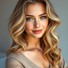 Naklejka premium A beautiful European girl with soft curly hair wearing a simple outfit