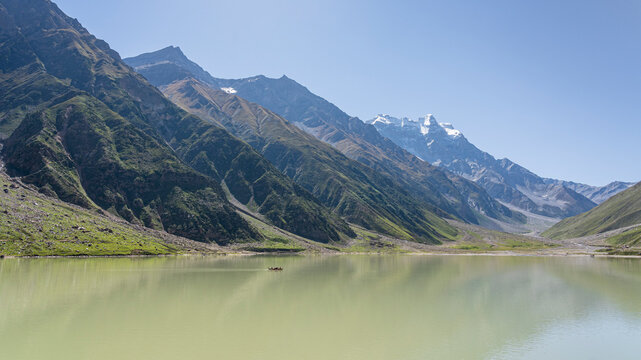 Beautiful landscape view of Saiful Muluk lake and Malika Parbat peak near Naran, Kaghan valley, Khyber Pakhtunkhwa, Pakistan