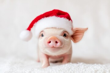 A cute piglet adorably dons a festive Santa hat, captured against a soft, white background, radiating holiday cheer and innocence in the simplicity of the setting.