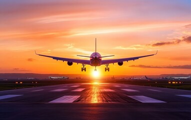 Airplane landing at sunset, dramatic sky