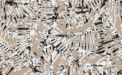 Abstract Mix Tropical Leaf, Leopard snake  and Zebra Stripes Seamless Pattern. Vector Geometric Exotic Print