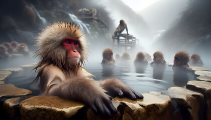 Obraz premium 온천욕중인 일본 원숭이