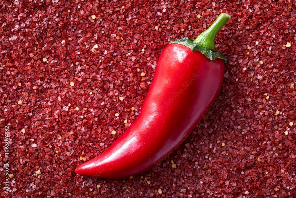 Poster This image showcases a singular red pepper resting gracefully amid finely textured chili flakes, illustrating boldness and vibrancy in culinary presentation.