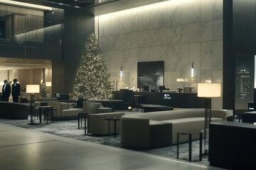 Elegant lobby decorated for the holidays with a Christmas tree, cozy seating, and guests interacting in a modern hotel