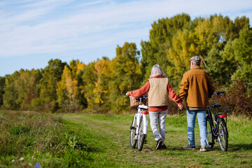 Rear view of elderly couple on a walk in the forest, pushing their bikes side by side. Seniors in...