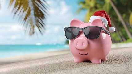A pink piggy bank wearing sunglasses and a Santa hat sits on a sandy beach with palm trees in the background. It's the perfect image for holiday travel savings. AI generated.