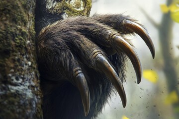 Obraz premium A close-up of a sloth's massive claws firmly gripping a tree trunk in a lush forest environment, capturing the essence of nature and wildlife in vibrant detail.