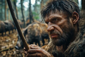 A primitive human cautiously holds a spear, intently watching a group of wild boars in a dense forest, embodying themes of vigilance and survival in nature.