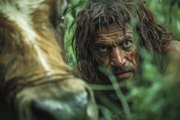 An image depicting a man skillfully camouflaged, hiding with a beast in dense foliage, expressing themes of survival, adaptability, and coexistence in nature.