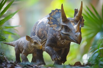 Fototapeta premium The serene image portrays a Triceratops and its young, peacefully traversing a vibrant jungle canopy setting, emphasizing themes of nature, growth, and family bonds.