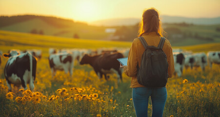 A woman observes cows in a golden sunset field. A woman stands in a field filled with flowers and cows, enjoying the beautiful sunset landscape.