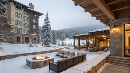 Fototapeta premium Luxurious winter resort patio with firepit, snowy landscape, elegant design, cozy outdoor seating
