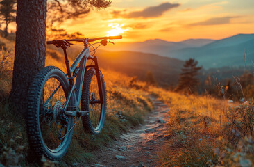 Fototapeta premium Mountain bike resting on a scenic trail at sunset. A mountain bike leans against a tree along a winding trail at sunset, with golden light illuminating the landscape.
