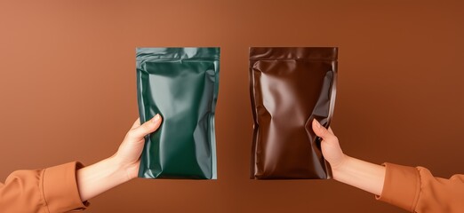 Two hands hold green and brown packaging against a brown background, showcasing different types of products in a minimalist setting