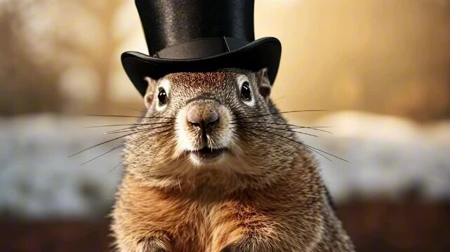 A charming groundhog dressed in a top hat greets spectators during the Groundhog Day festivities in a snowy environment
