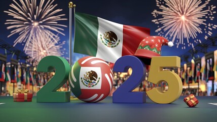 Festive New Year 2025 banner with Mexican flag and fireworks. AI generated.