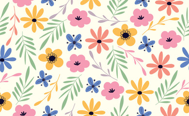 Wildflowers flower vector seamless pattern. Floral background with hand drawn field spring daisy. Modern Abstract Botanical contemporary retro pattern. Fashionable 60s - 70s template.