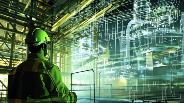 Engineer in the Digital Age:  A lone engineer stands amidst a futuristic industrial setting,  gazing at a holographic blueprint overlayed on the complex machinery.