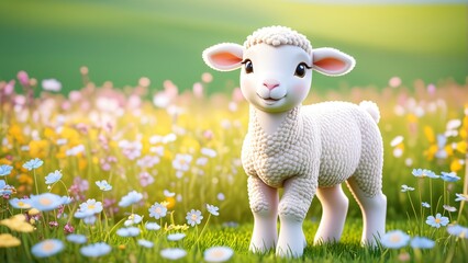 Fototapeta premium Adorable lamb in sunlit meadow with colorful wildflowers