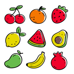 colorful and playful set of hand drawn fruit illustrations, featuring cherries, orange, strawberry, lemon, watermelon, avocado, mango, banana, and pomegranate. Perfect for decor, stickers, and design