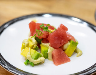 Tuna Tartare or Raw Tuna tartar with avocado and sauce