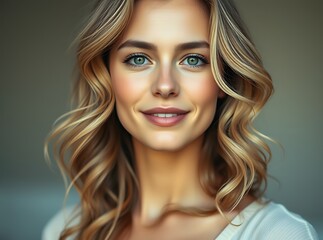 Naklejka premium A beautiful European girl with soft curly hair wearing a simple outfit