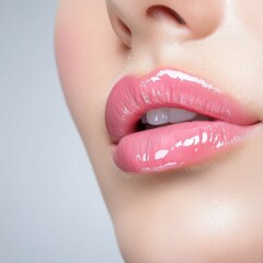 Close-up of Natural Glossy Pink Lip Makeup