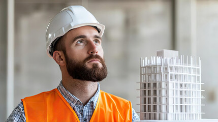 A thoughtful construction worker in a safety vest and helmet reflects on a mini architectural model, showcasing dedication to his craft.