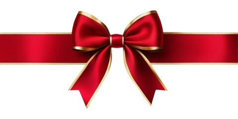 Red ribbon bow with gold edge isolated on white background. Perfect for decorating holiday gifts, cards and events.