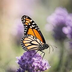 Obraz premium Profile of Monarch Butterfly on Flower with Soft Lavender and Pale Green Blurred Background